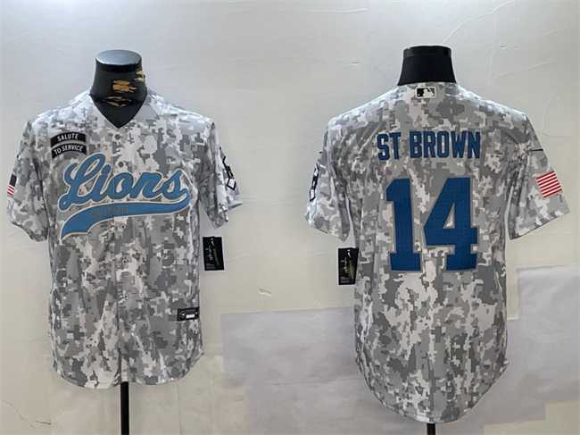 Mens Detroit Lions #14 Amon-Ra St. Brown 2024 Arctic Camo Salute To Service Stitched Baseball Jersey